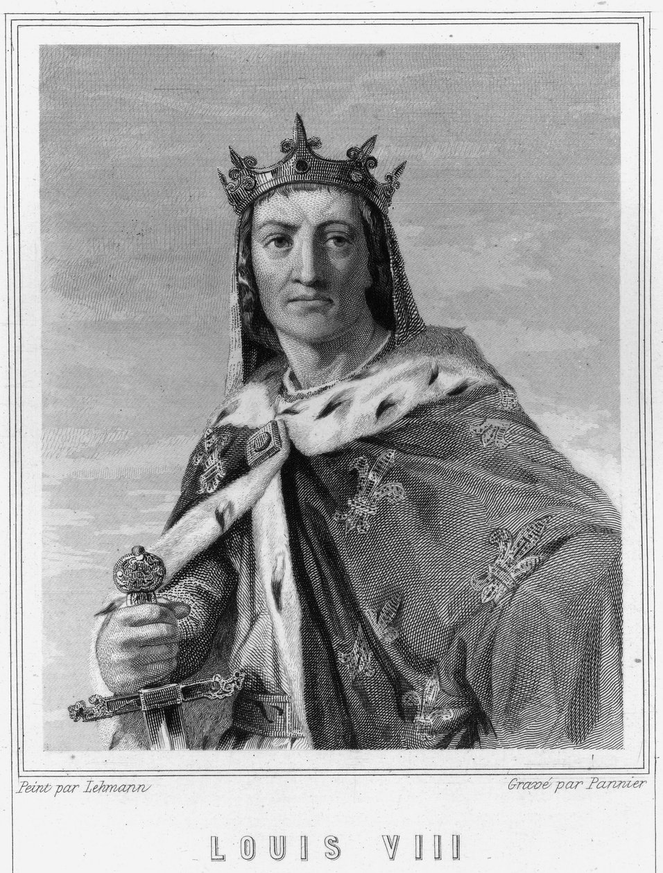Ludvig VIII:n (1187 - 1226), Ranskan kuninkaan muotokuva - Lavalléen "Histoire des Français" -kirjassa, kaiverrus, sd. tekijältä Unknown artist