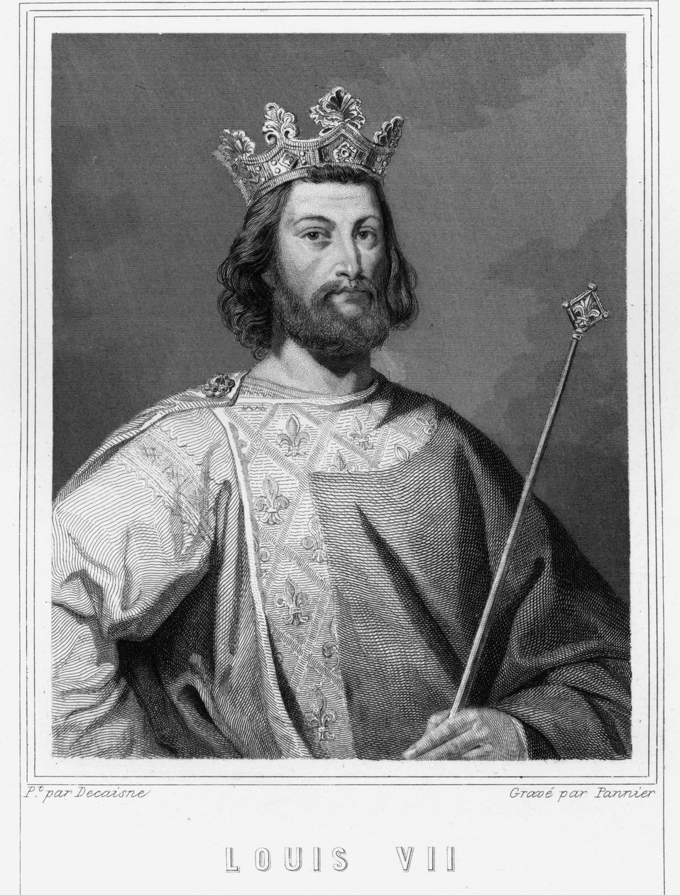 Ludvig VII Nuoren (1120 - 1180), Ranskan kuninkaan muotokuva - Lavalléen "Histoire des Français" -kirjassa, kaiverrus, sd. tekijältä Unknown artist