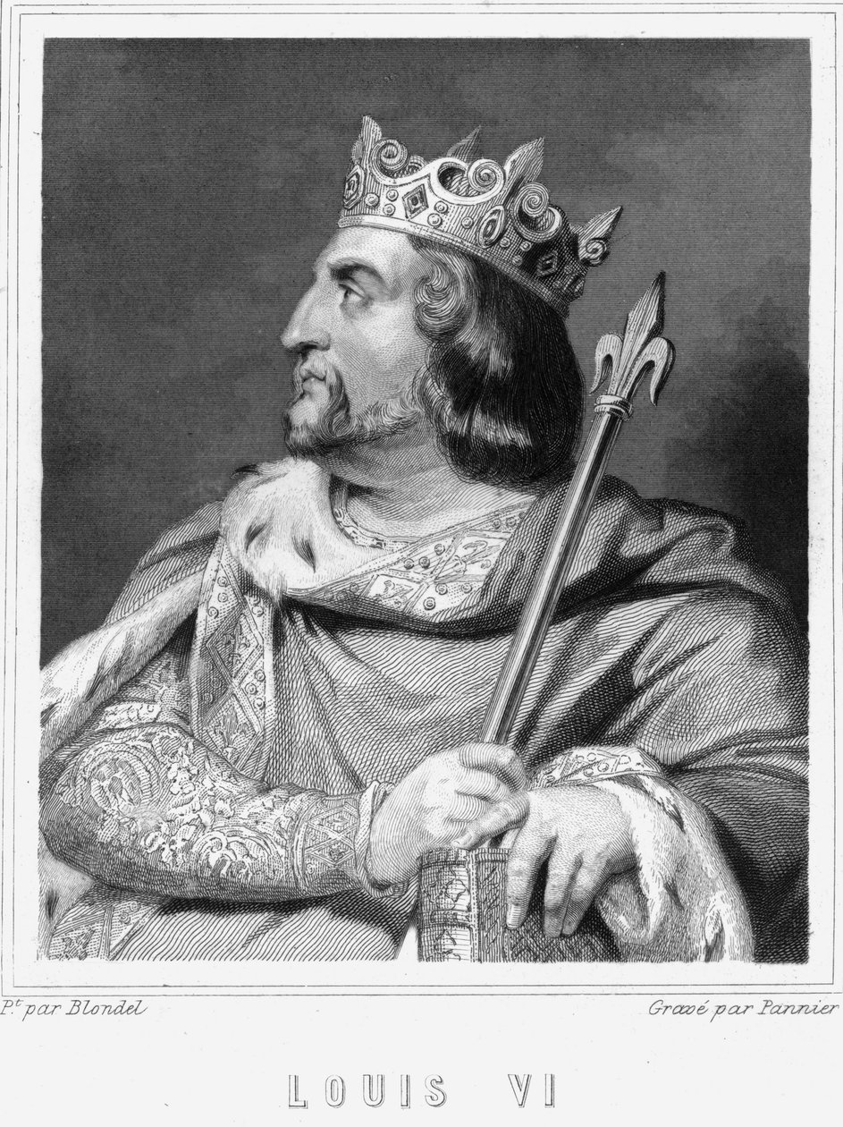 Ludvig VI le Grosin (1081 - 1137), Ranskan kuninkaan muotokuva - Lavalléen "Histoire des Français" -kirjassa, kaiverrus, sd. tekijältä Unknown artist
