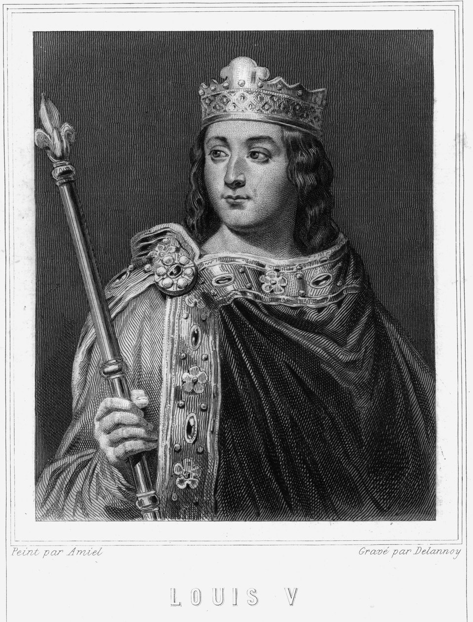 Louis V le Fainéantin (967 - 987), Ranskan kuninkaan muotokuva - Lavalléen "Histoire des Français" -kirjassa, kaiverrus, sd. tekijältä Unknown artist