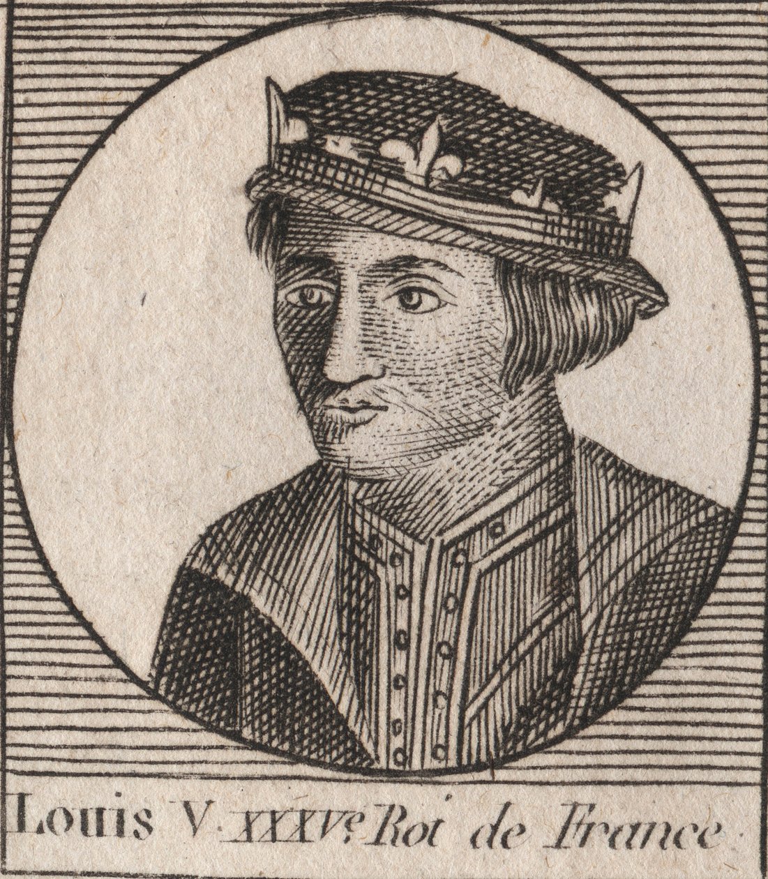 Ludvig V le Faineantin (967-987), Ranskan kuninkaan muotokuva - Louis V Indolent (967-987) - kaiverrus Charles Constant Le Tellierin kirjasta "Instruction sur l’Histoire de France" 1821 tekijältä Unknown artist