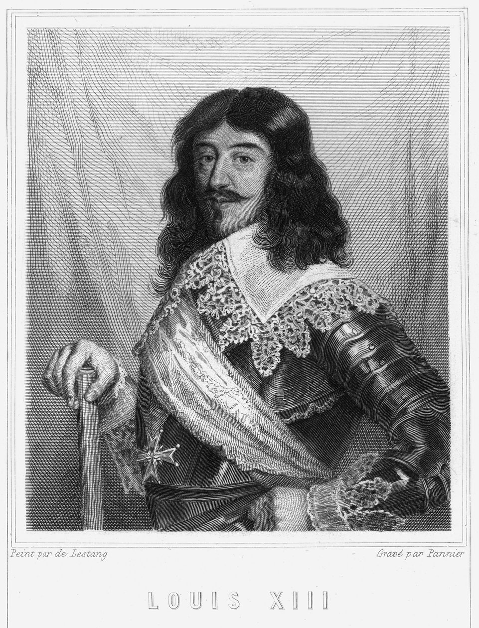 Ludvig XIII:n (1601 - 1643), Ranskan kuninkaan muotokuva - Lavalléen "" Histoire des Français" -kirjassa, kaiverrus, sd. tekijältä Unknown artist