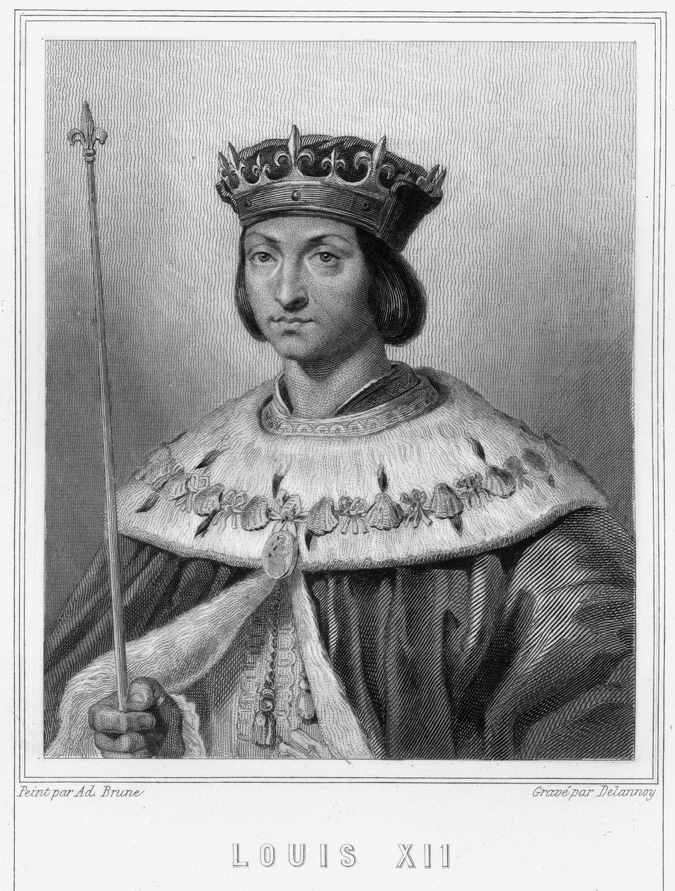 Ludvig XII:n (1462 - 1515), Ranskan kuninkaan muotokuva - Lavalléen "Histoire des Français" -kirjassa, kaiverrus, sd. tekijältä Unknown artist