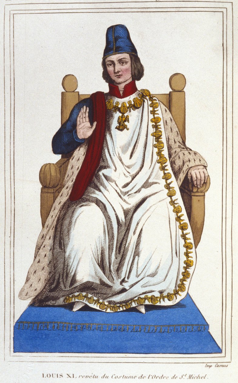 Ludvig XI:n muotokuva Pyhän Michelin ritarikunnan puvussa (1423 - 1483). kaiverrus vuodelta 1830 tekijältä Unknown artist