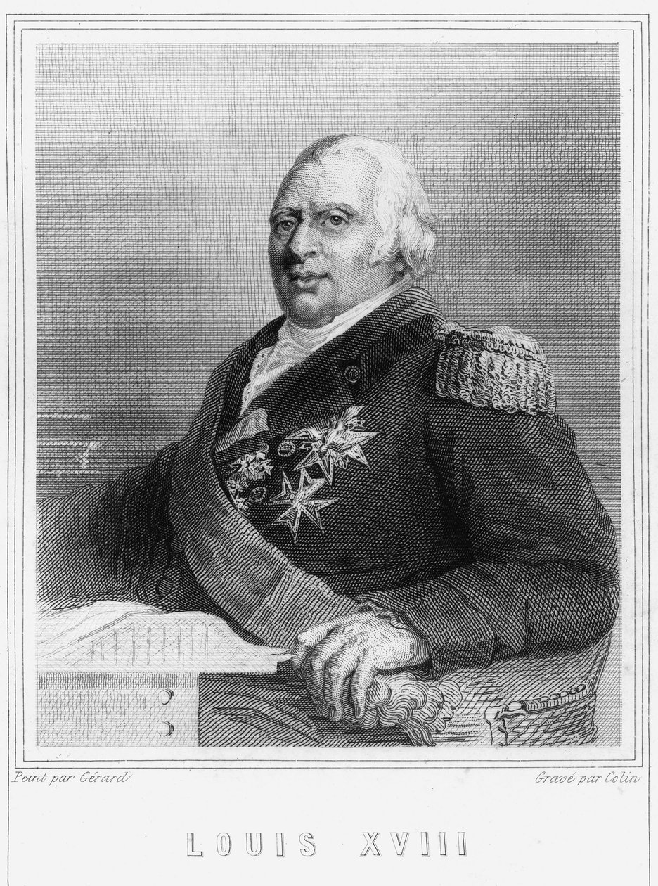 Ludvig XVIII:n (1755 - 1824), Ranskan kuninkaan muotokuva - Lavalléen "Histoire des Français" -kirjassa, kaiverrus, sd. tekijältä Unknown artist
