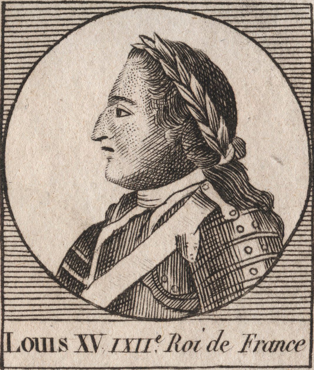Ludvig XV:n (1710-1774) muotokuva dit le Bien Aime, Ranskan kuningas 1715-1774 - Ludvig XV, joka tunnetaan nimellä Louis the Well beloved, Ranskan kuningas - kaiverrus Charles Constantin kirjasta "Instruction sur l