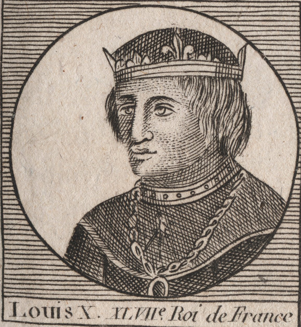 Ludvig X le Hutinin (1289 - 1316), Ranskan kuninkaan - Ludvig X:n (1289-1316) itsepäinen, Ranskan ja Navarran kuninkaan muotokuva - kaiverrus Charles Constant Le Tellierin "Instruction sur l