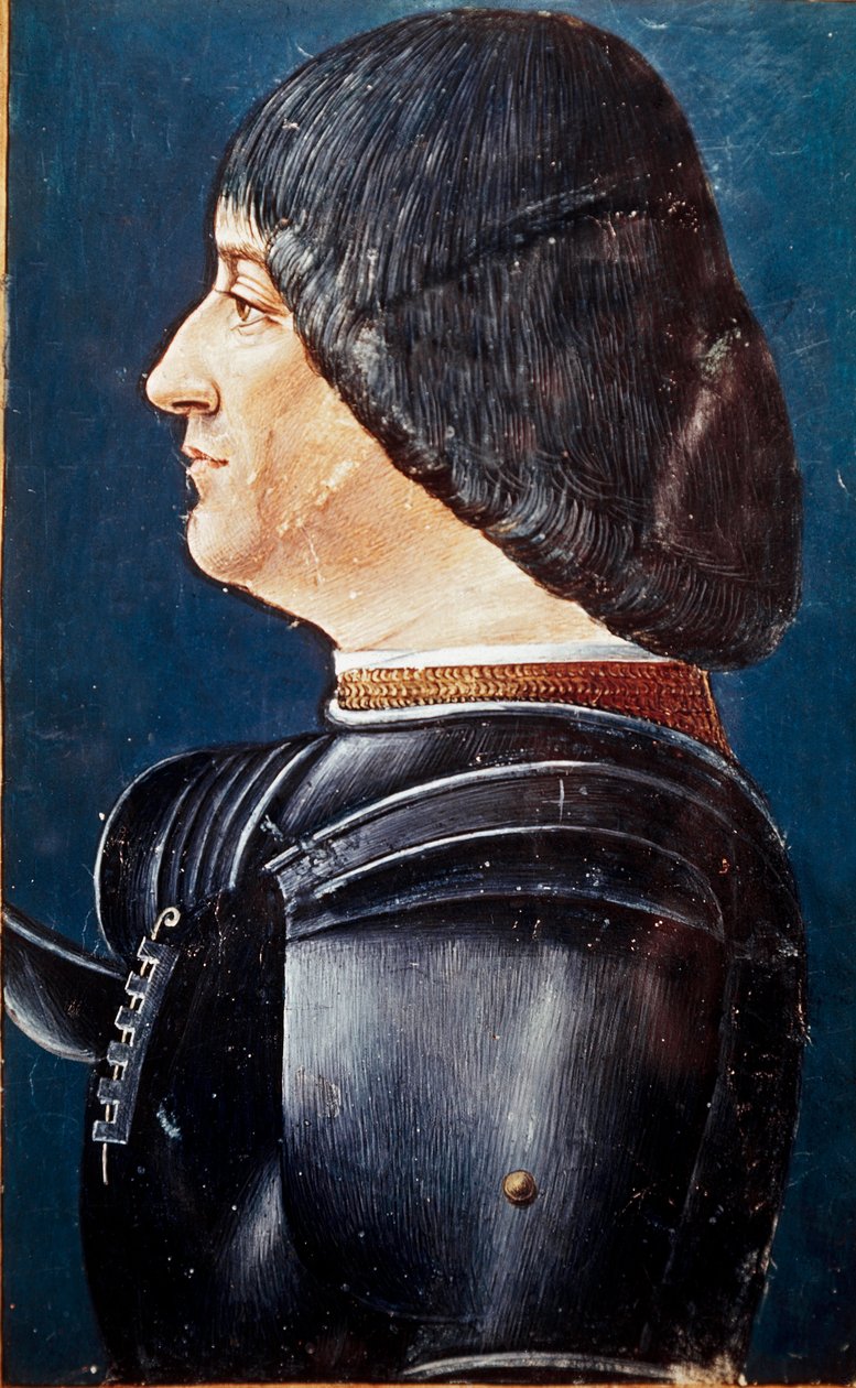 Muotokuva Ludovic Marie Sforzasta dit le Moresta (Ludovico Maria Sforza tunnetaan nimellä il Moro) (1452-1508) Miniatyyrit Aelius Donatuksen (Donato) kirjassa "" Grammatica ", 1400-luvun loppu. Trivulziana-kirjasto, Milano. neiti. 2167. tekijältä Unknown artist