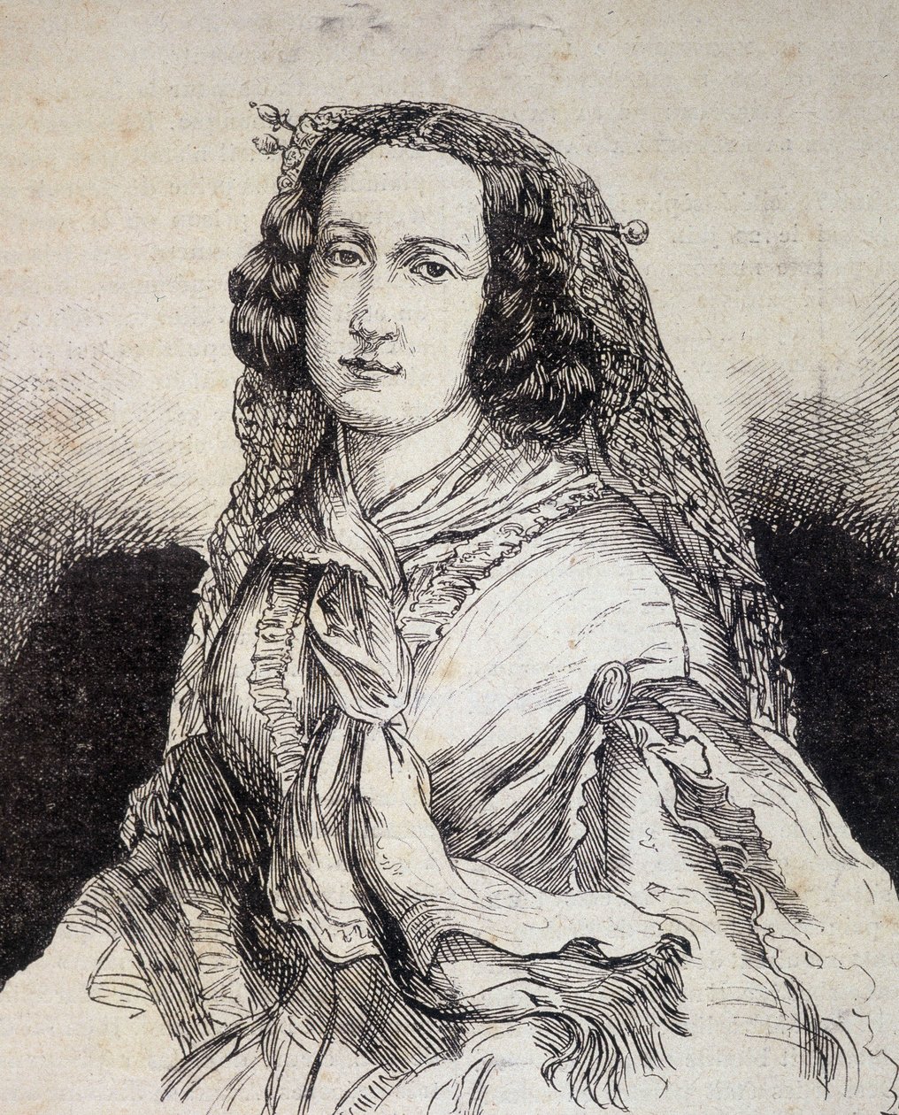 Muotokuva rouva Marceline Desbordes-Valmoresta (Desbordes Valmore) (1786 - 1859), ranskalainen kirjailija - teoksessa "" Les Contemporains"", n.d. 1800-luvun lopulla. tekijältä Unknown artist