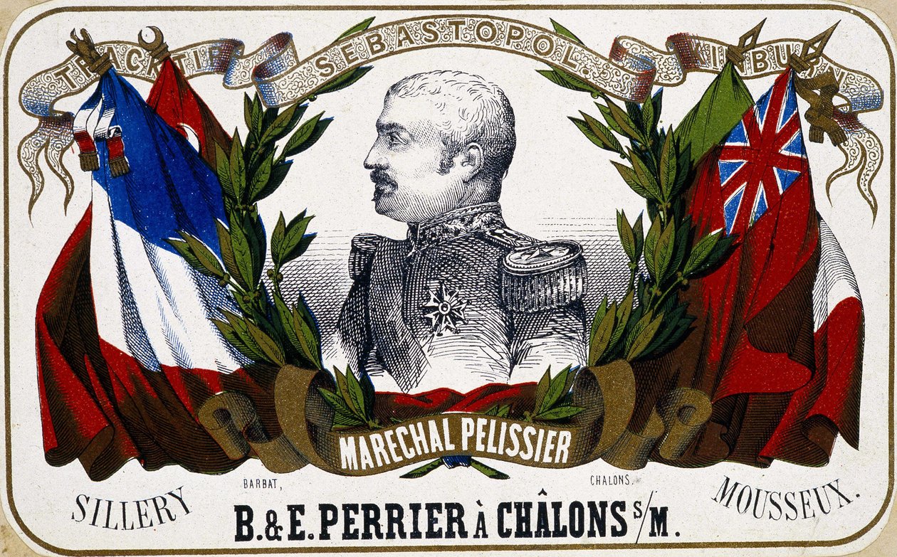 Maréchal Pelissierin muotokuva samppanjaetiketissä ""B. & E. Perrier à Chalôns sur Marne", sd. 1800-luvulla. tekijältä Unknown artist