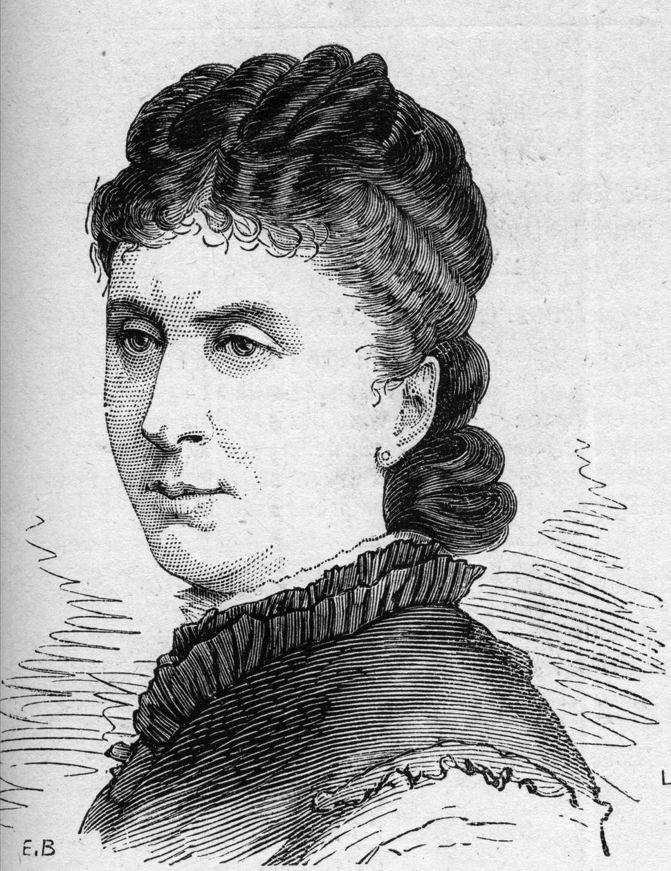 Muotokuva Maria Favartista (Pierrette Ignace Pingaud, toim.) (1833-1908), ranskalainen koomikko, Comedie Francaisen jäsen. Kaiverrus "" Le Monde Illustré" -julkaisussa n¡1168, 16. elokuuta 1879. tekijältä Unknown artist
