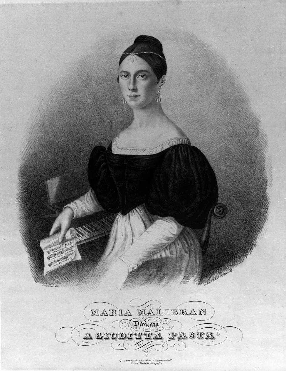Muotokuva Maria Garciasta nimeltä Malibran (1808-1836) laulaja, kaiverrus omistettu Giuditta pastalle. tekijältä Unknown artist