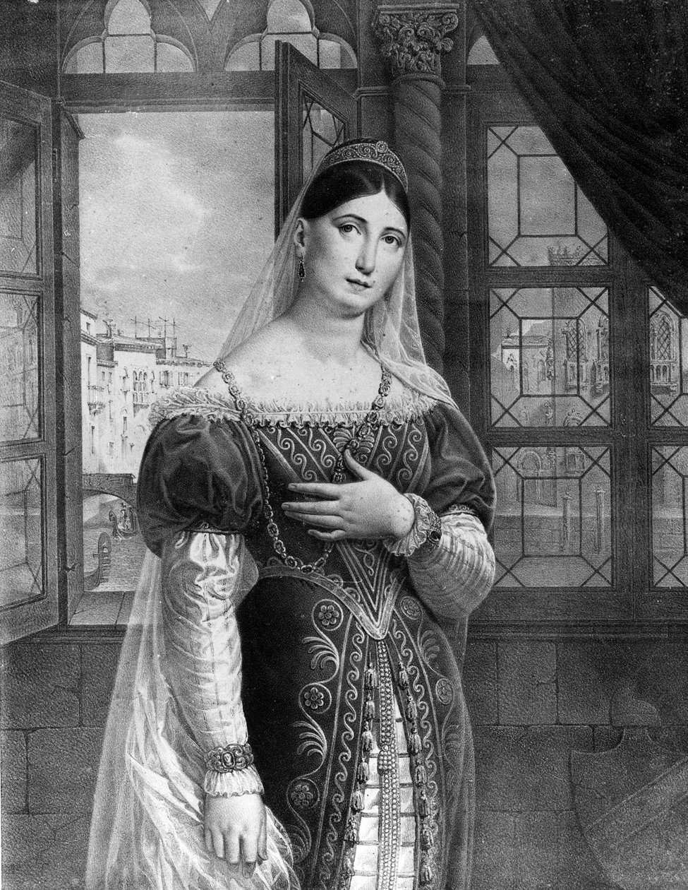 Muotokuva Maria Garciasta nimeltä Malibran (1808-1836) laulaja Desdemonen roolissa Gioachino Rossinin "" Othello " (Otello) -teatterissa. Teatro alla Scala 1833. tekijältä Unknown artist