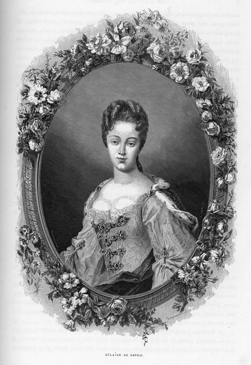 Marie Adelaiden (Marie-Adelaide) de Savoien (1685-1712) muotokuva (Savolaisen Marie Adelaiden muotokuva) - 1862-kaiverrus ensimmäisten kirjoittajiemme kirjaan "Maailman kuningattaret". Kirja julkaistu J. G. D. ARMENGAUDin johdolla. tekijältä Unknown artist