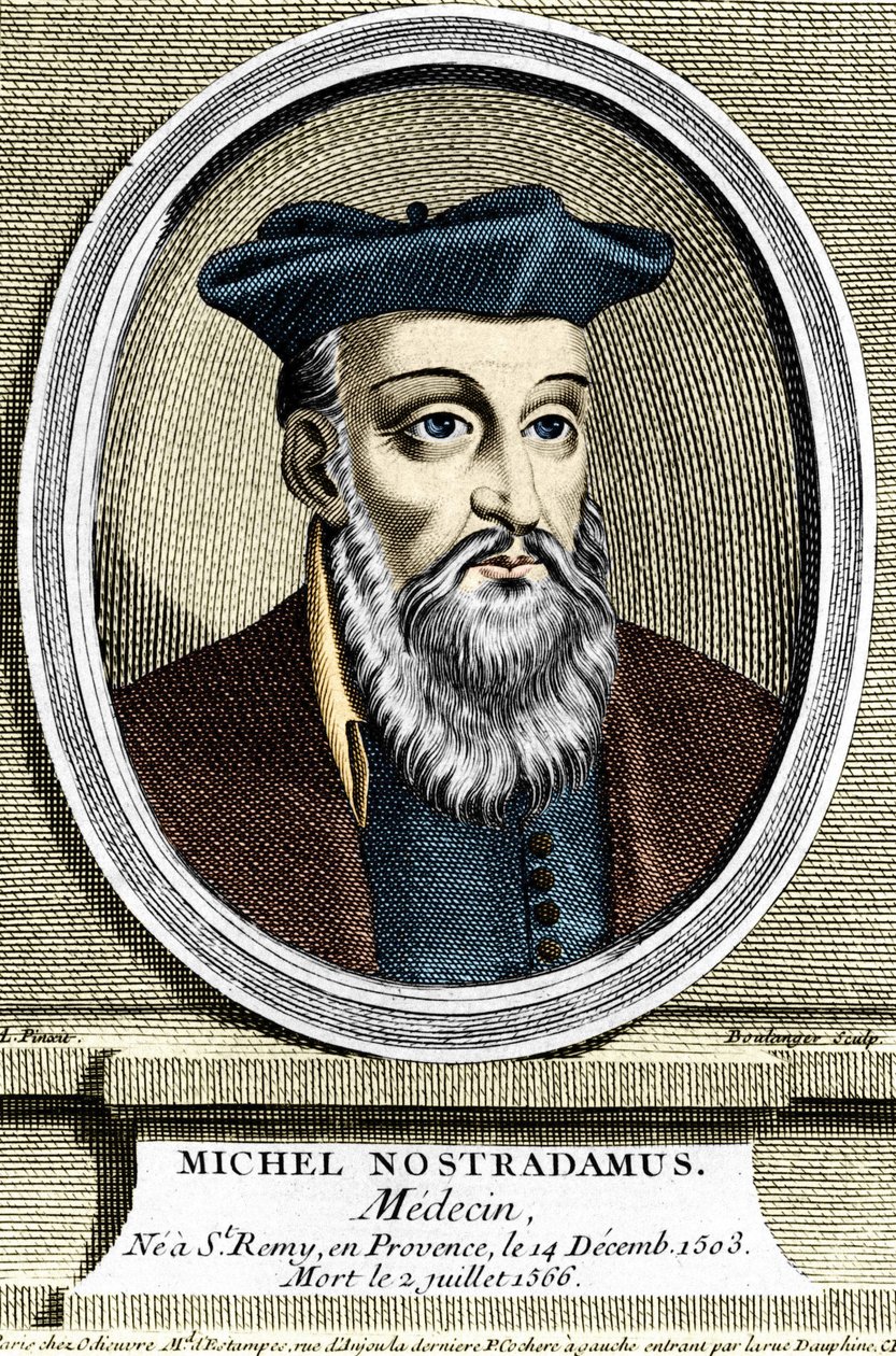 Michel Nostradamusin muotokuva, lääkäri ja astrologi, jolla ei ollut Saint Remy de Provencea (Saint-Remy-de-Provence) 14.12.1503 ja hän kuoli 7.2.1566. Kaiverrus 1600-luvulta. tekijältä Unknown artist