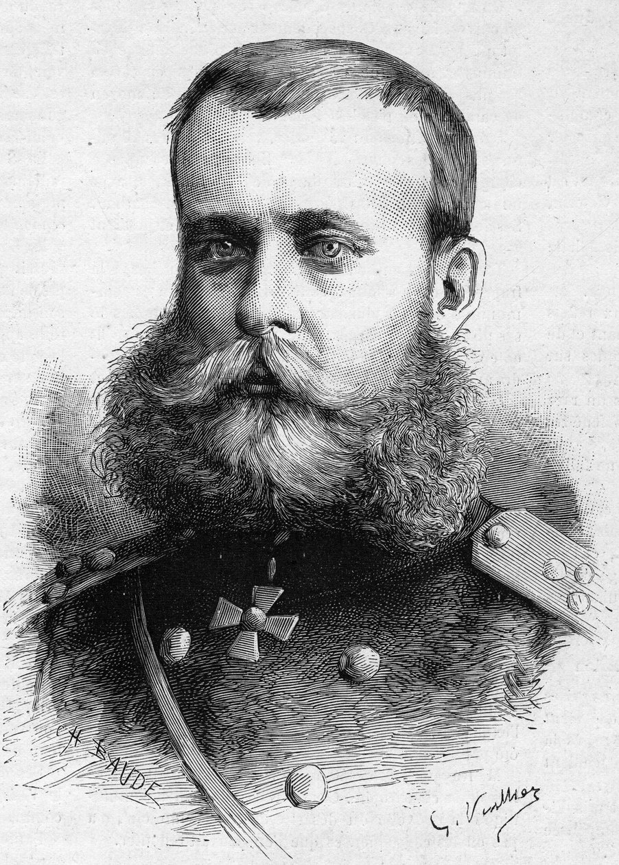 Muotokuva Mihail Dmitrievich Skobeleff (kenraali Skobeleff tai Skobelev) (1843-1882), Venäjän armeija. Kaiverrus "" Le Monde Illustré" -julkaisussa nro 1301, 4. maaliskuuta tekijältä Unknown artist