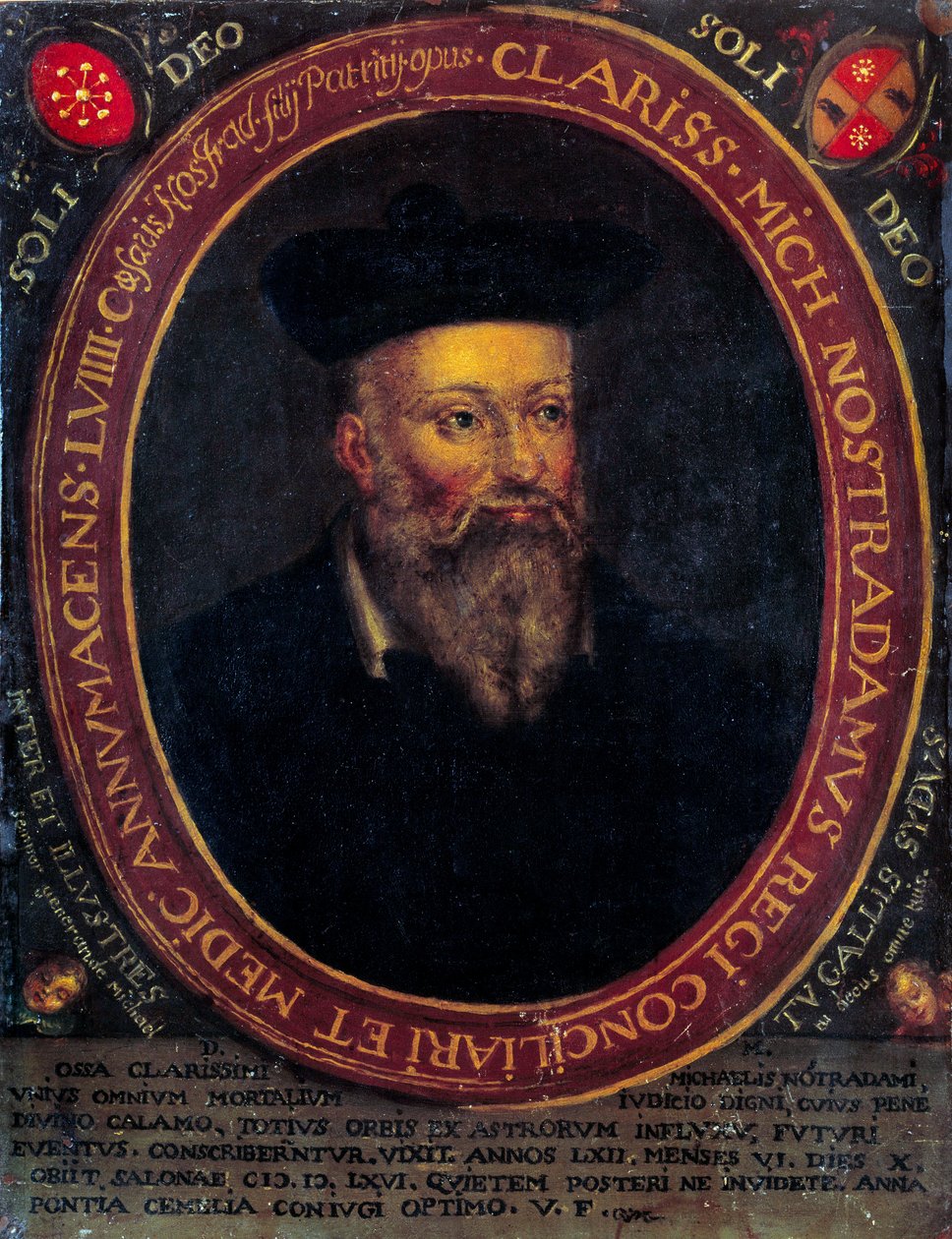 Nostradamuksen muotokuva, Michel de Notre Dame (1503 - 1566), ranskalainen astrologi ja lääkäri. Kuparikaiverrus tekijältä Unknown artist