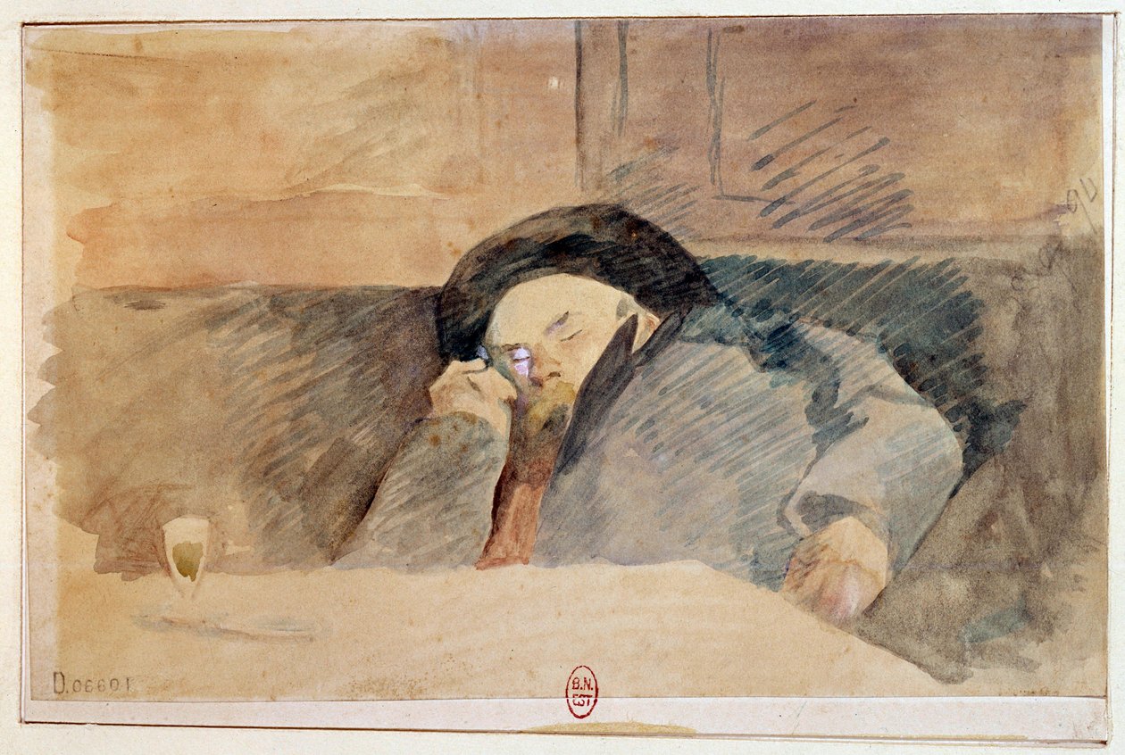 Muotokuva ranskalaisesta runoilijasta Paul Verlainesta (1844-1896), joka nukkuu Procope-kahvilassa Pariisissa. 1800-luvun akvarelli. Paris, B.N. tekijältä Unknown artist