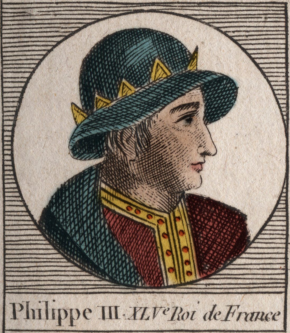 Muotokuva Philip III:sta Ranskasta, dit Philippe le Hardi (1245-1285) (Kapetian dynastia) - Filipp III:ta kutsuttiin rohkeaksi Ranskan kuninkaaksi - kaiverrus Charles Constant Le Tellierin "Instruction sur l