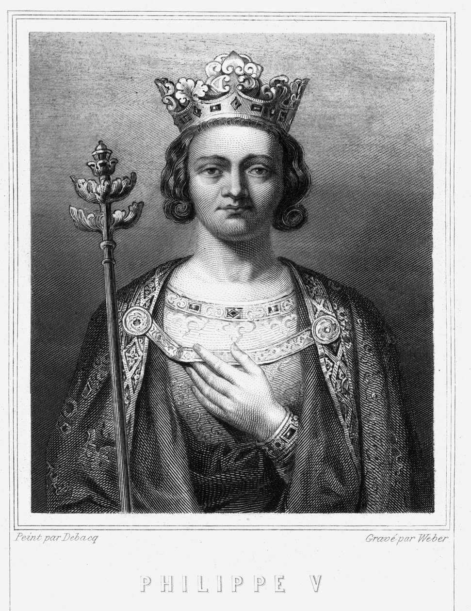 Ranskan kuninkaan Philippe V le Longin (1294 - 1322) muotokuva - Lavalléen "" Histoire des Français" -kirjassa, kaiverrus, sd. tekijältä Unknown artist