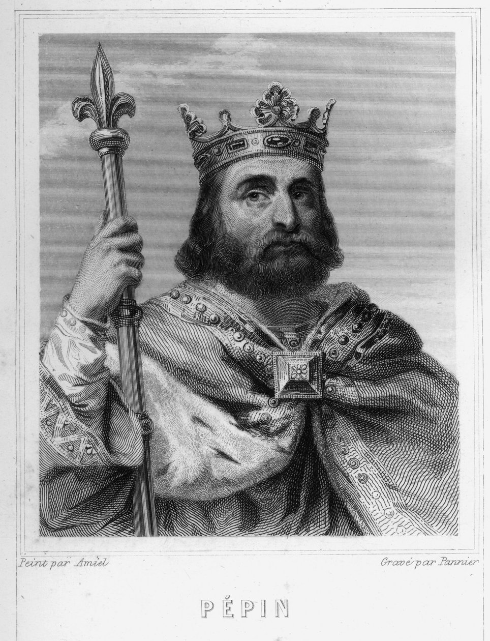 Muotokuva Pépin le Briefistä (s. 714 - 768), frangien kuninkaan, ensimmäisen Karolingien joukossa - Lavalléen "Histoire des Français" -kirjassa, kaiverrus, sd. tekijältä Unknown artist