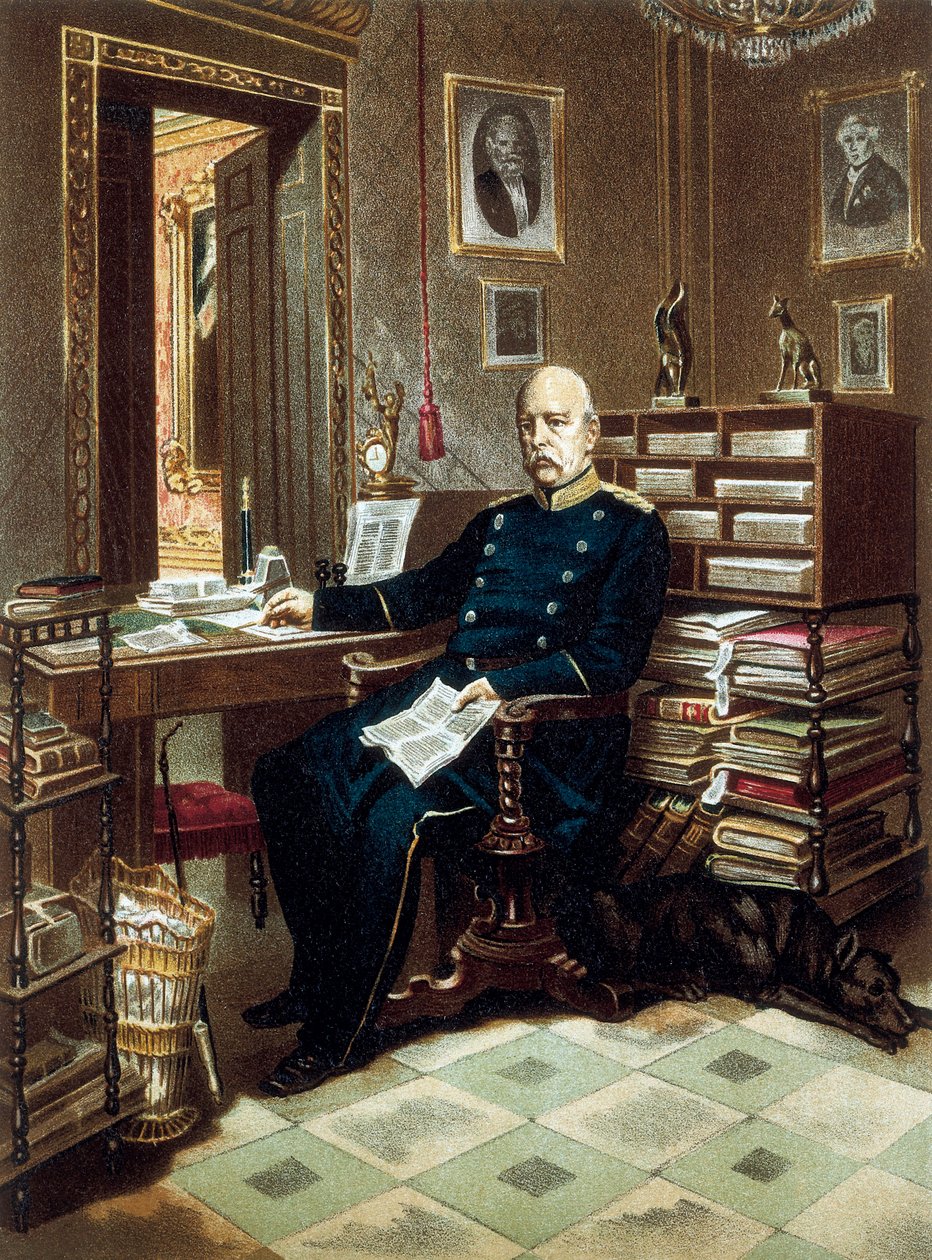 Kanslerin ja preussilaisen poliitikon prinssi Otto von Bismarckin (1815-1898) muotokuva toimistossaan. Värillinen litografia tekijältä Unknown artist