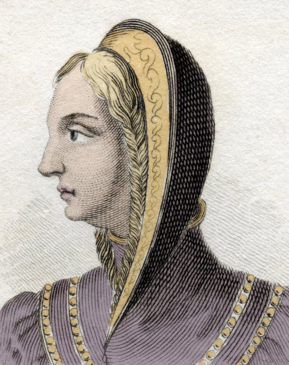 Kastilian kuningatar Isabellan (Isabella 1st the Catholic) muotokuva (1451-1504). Kaiverrus 1800-luvulta. tekijältä Unknown artist