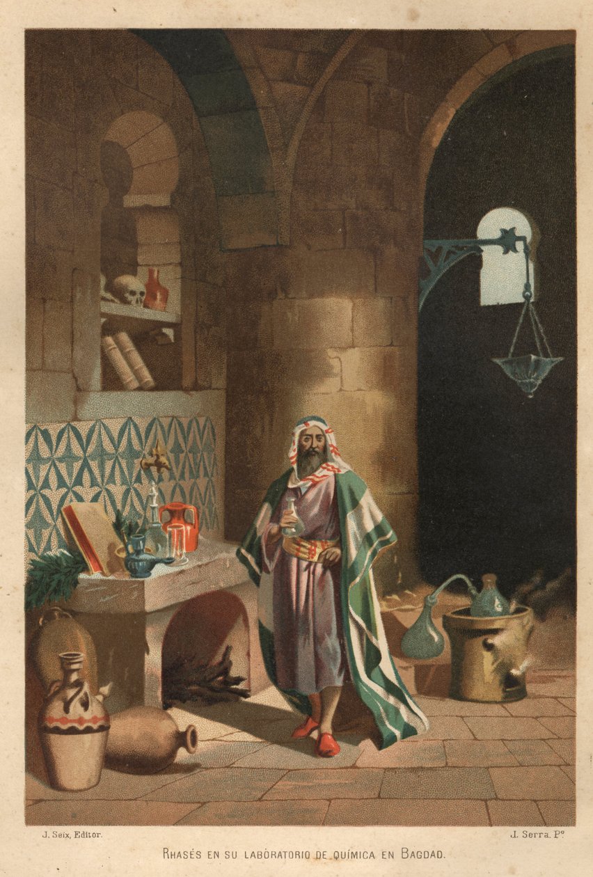 Muotokuva Rhasista (Rhazes, Razi, Al-Razi, Razis tai Rases) (840-923) persialainen tiedemies) laboratoriossaan Bagdadissa. Barcelona 1881 tekijältä Unknown artist