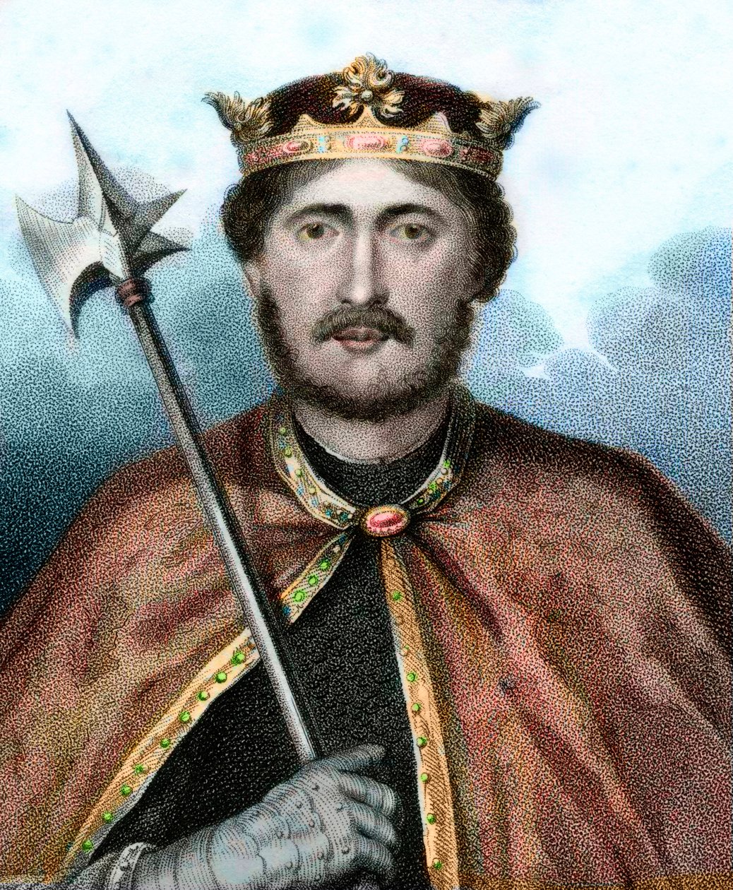 Richard I:n (1157-1199), Englannin kuninkaan muotokuva, jota kutsutaan myös Richard Leijonasydämeksi - Rikhard Leijonasydämen muotokuva - Kaiverrus 1800-luku tekijältä Unknown artist
