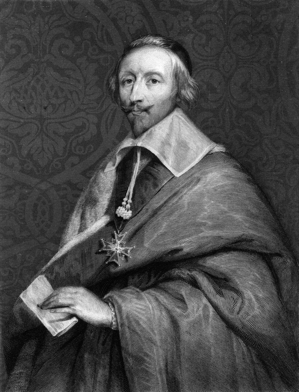 Richelieun muotokuva (1585 - 1642) - Lavalléen teoksessa "Histoire des Français", kaiverrus, sd. tekijältä Unknown artist