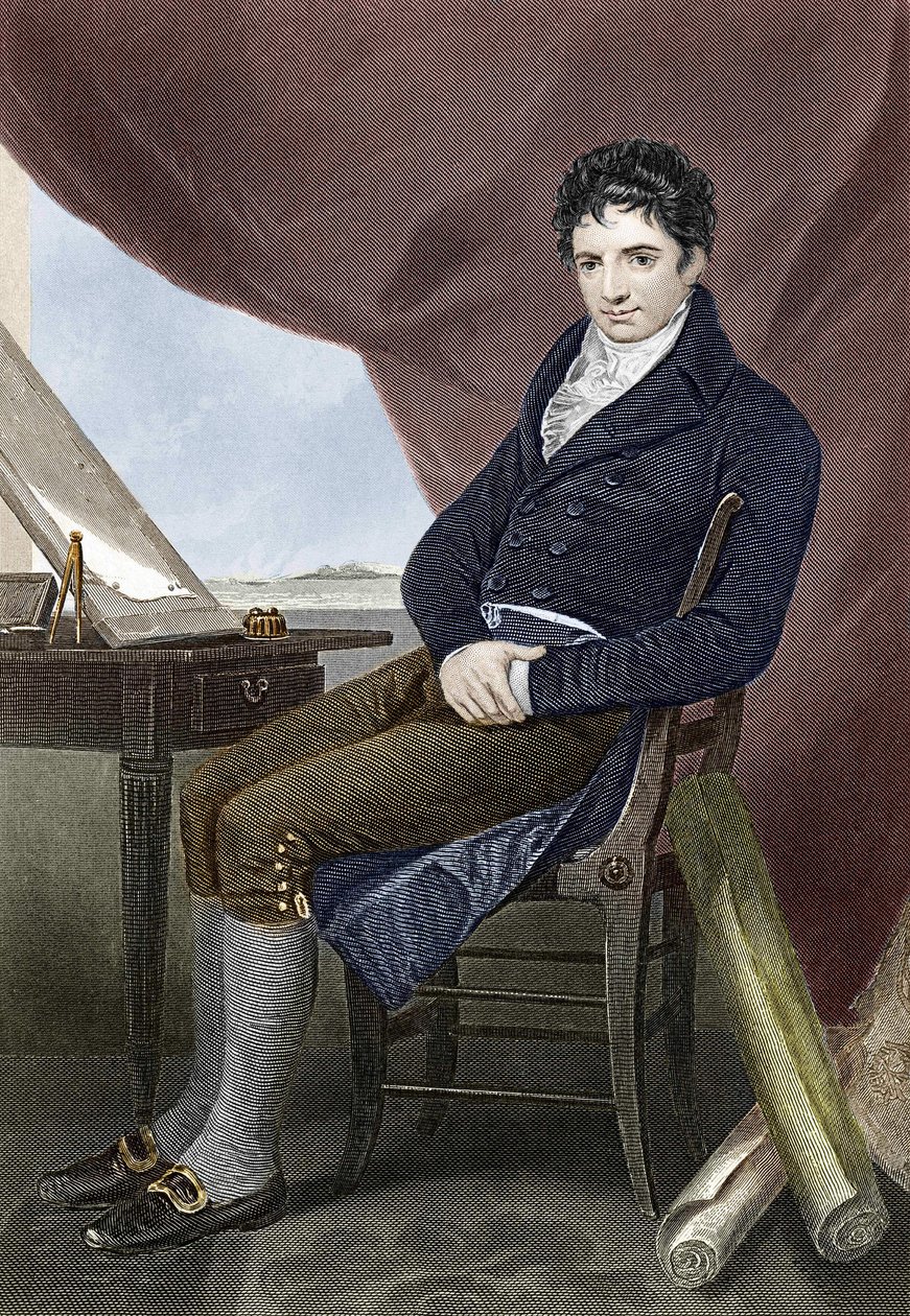 Muotokuva Robert Fultonista (1765 - 1815), amerikkalainen laivanrakennusmekaanikko (Nautilus). Kaiverrus 1800-luvulta. tekijältä Unknown artist