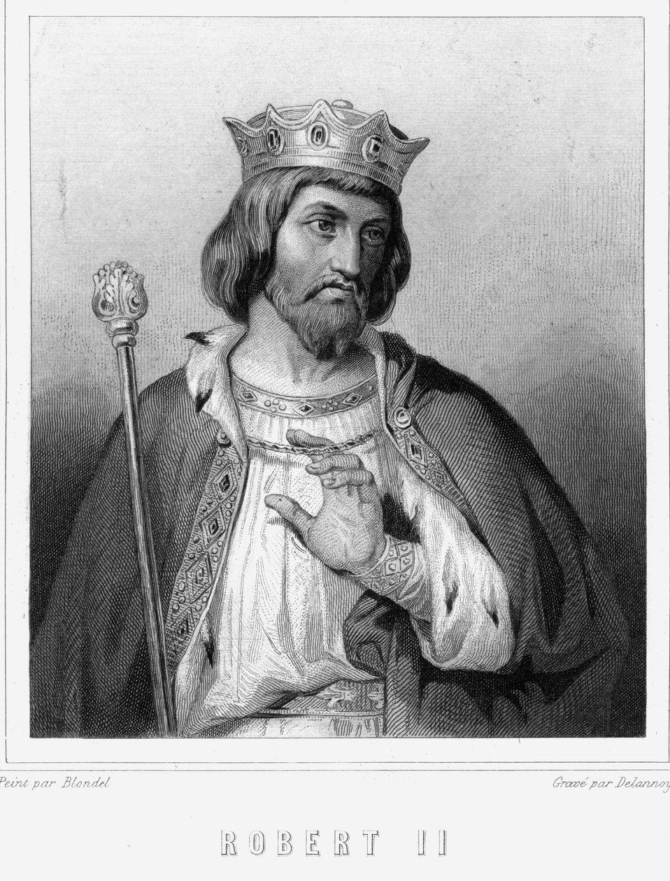 Muotokuva Robert II hurskasta (v. 972 - 1031), Ranskan kuningas - teoksessa "Histoire des Français" Lavallée, kaiverrus, sd. tekijältä Unknown artist