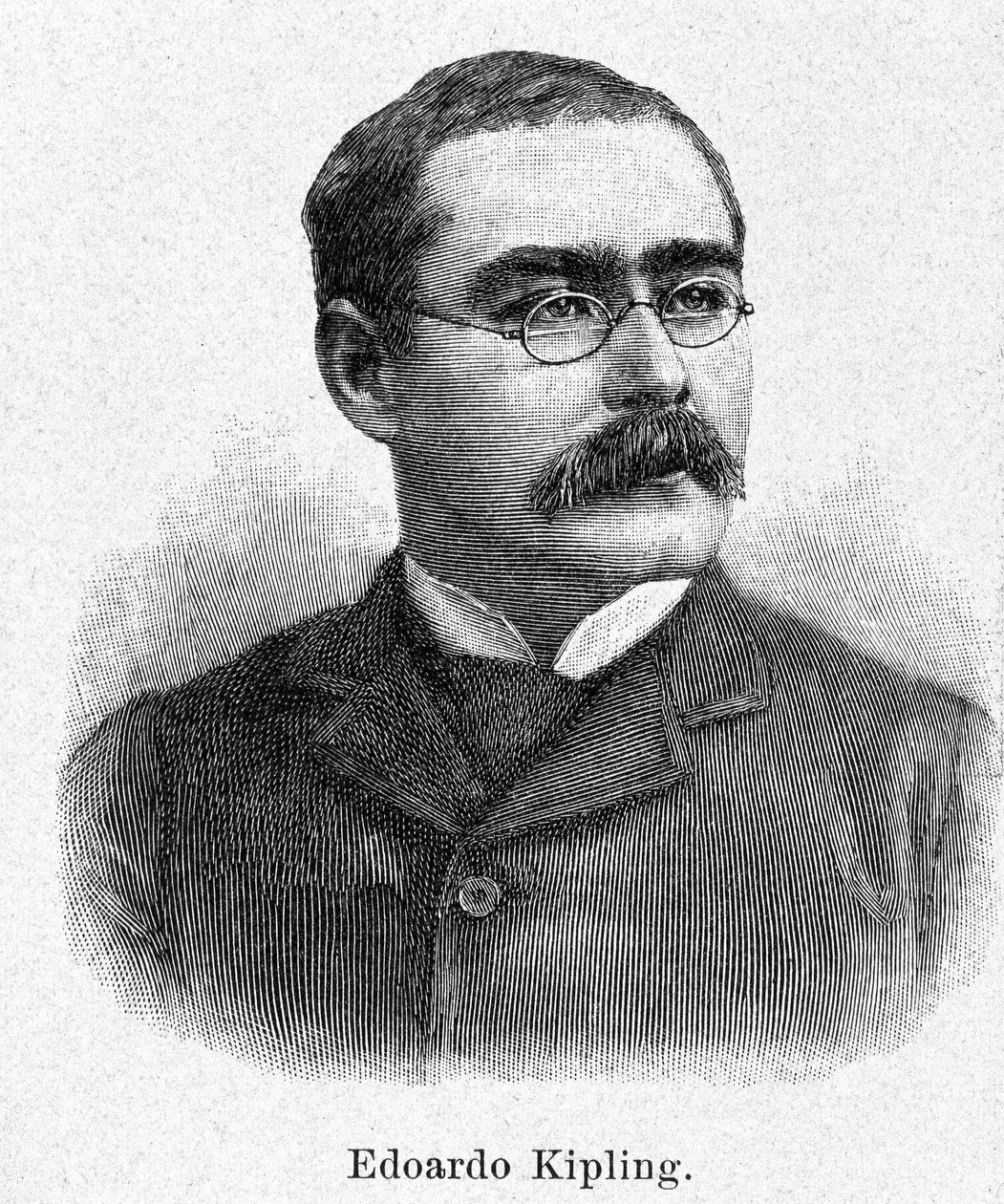 Rudyard Kiplingin (1865-1936), brittiläisen kirjailijan ja runoilijan muotokuva, kaiverrus 1800-luvulta. tekijältä Unknown artist