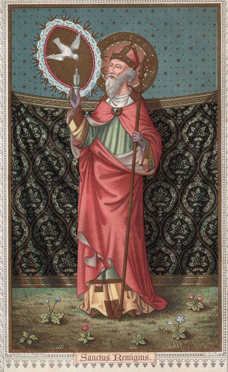 Pyhän Remin (437-533) muotokuva (Saint Remigius, Remy Remigio) Pyhän Hengen kyyhkysen (Pyhä Henki) vierailu. 1800-luvun lopun kromolitografia. tekijältä Unknown artist