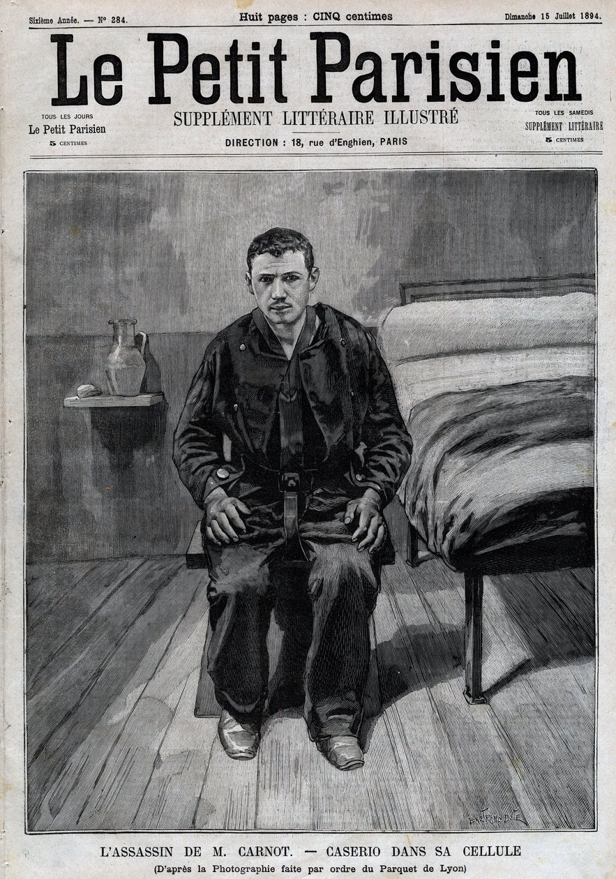 Muotokuva Sante Caseriosta (1873-1894), italialainen anarkisti, Sadi Carnotin salamurhaaja vankilassa. Kaiverrus kirjassa "" Le Parisien"" tekijältä Unknown artist