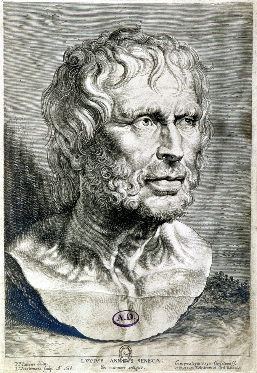Muotokuva Senequestä (Lucius Annaeus Seneca, 4 eKr.-65 jKr.), stoilaisen koulukunnan filosofista, näytelmäkirjailijasta ja roomalaisesta valtiomiehestä - Kaiverrus 1638 - Coll Maciet, Koristetaiteen kirjasto, Pariisi tekijältä Unknown artist