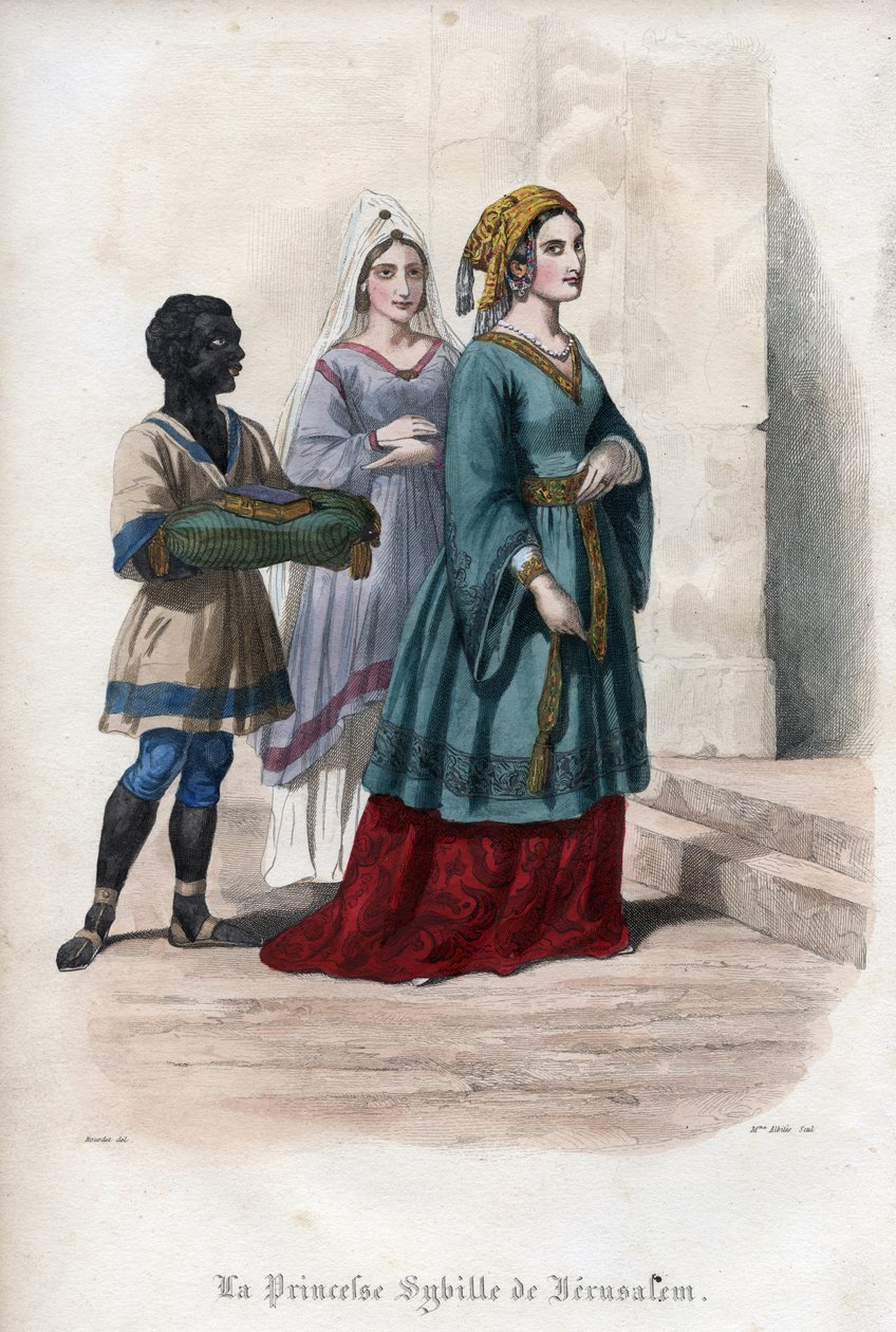 Muotokuva Sibyllasta Jerusalemista (Jerusalem Sibylle) (n. 1160-1190), Jerusalemin prinsessasta, silloisesta kuningattaresta. Kaiverrus vuodelta 1842 Maurice Lachatren teokseen "Histoire des Popes". Yksityinen kokoelma. tekijältä Unknown artist