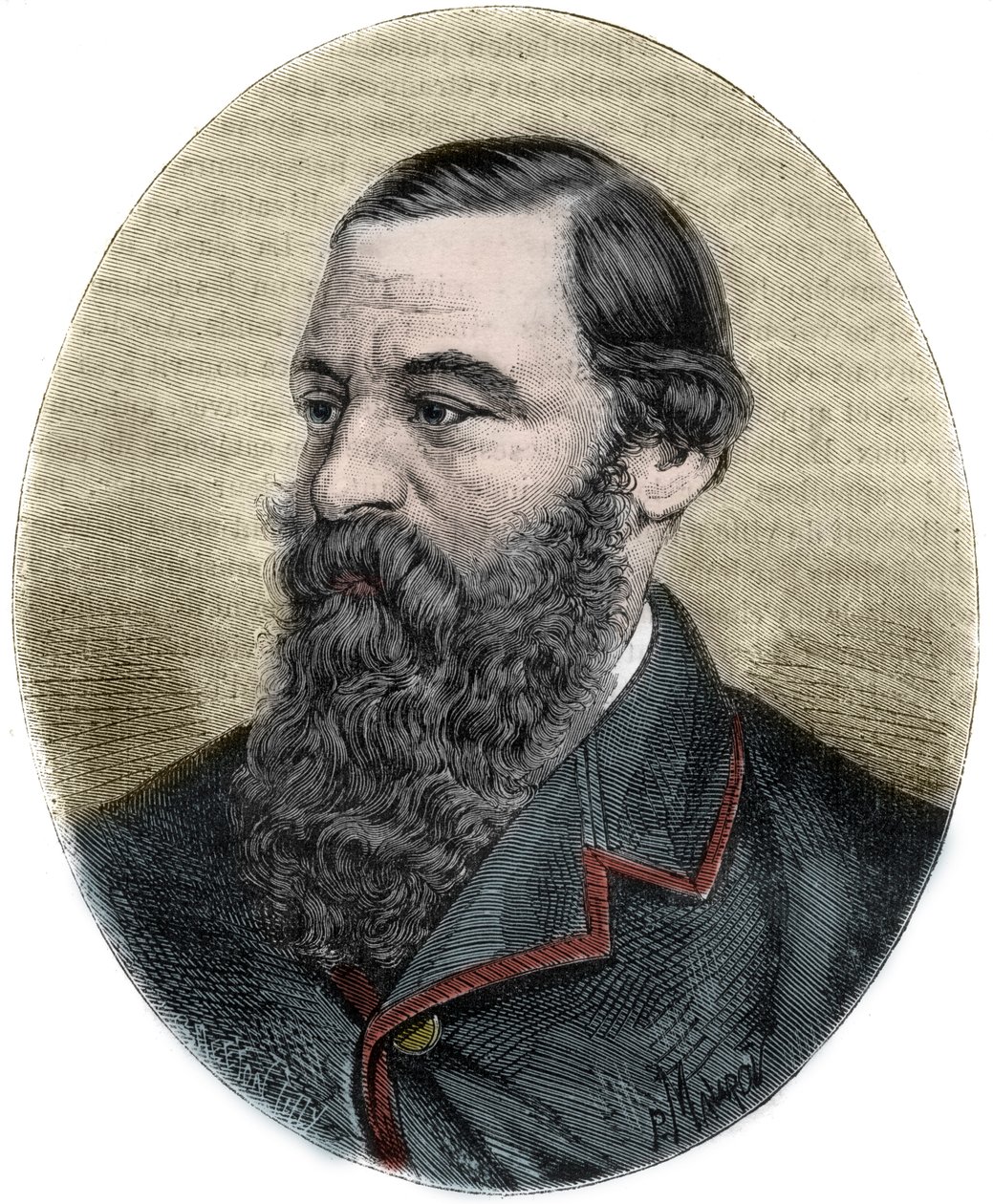 Muotokuva Sir Samuel Bakerista (1821-1893) kaiverruksesta "Picturesque Histoire des grands voyages au 19th century"". 1877 tekijältä Unknown artist