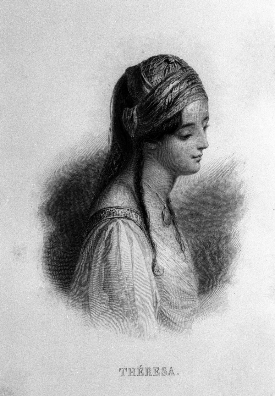 Muotokuva Teresa Gambasta Guicciolissa (1800-luku), joka on rakastunut runoilija George Gordon Byroniin. Kaiverrus 1800-luvulta tekijältä Unknown artist