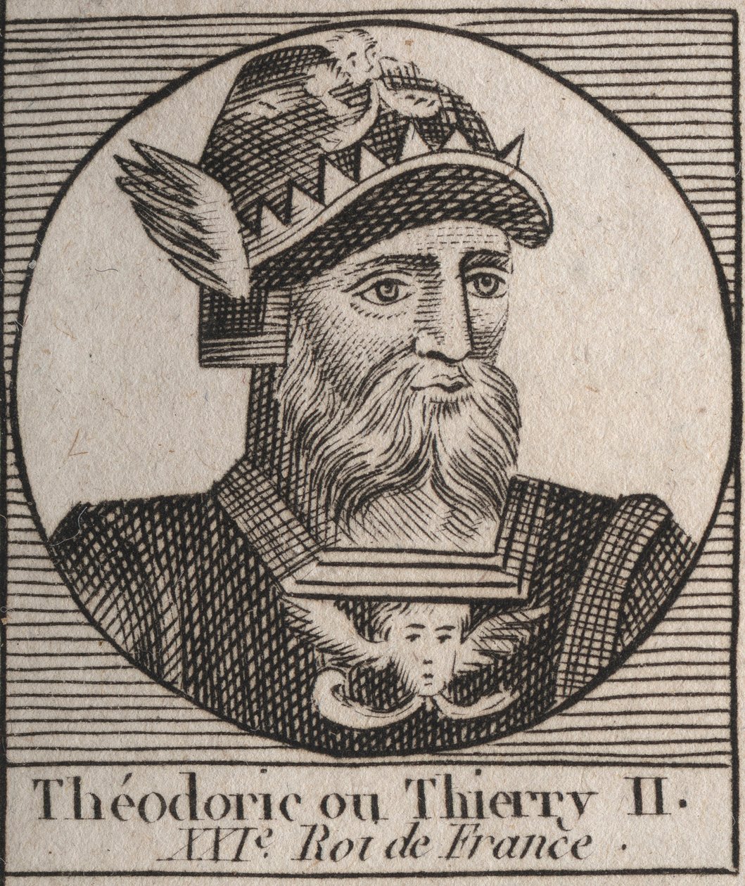 Thierry II:n (587-613) muotokuva Austraasian ja Burgundin frangien kuninkaan 595-613 - THIERRY II (Theuderic tai Theuderich, Theoderic tai Theodoric II) Burgundin ja Austraasian kuninkaan muotokuva - kaiverrus aiheesta "Instruction sur l