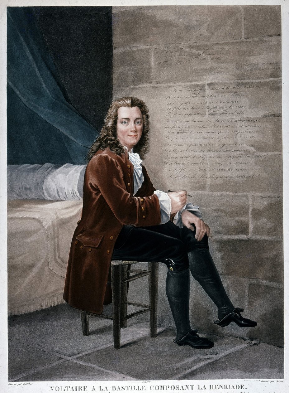 Muotokuva Voltairesta Bastillessa, joka muodostaa Henriaden. Kaiverrus 1800-luvulta. Musee Carnavalet. tekijältä Unknown artist