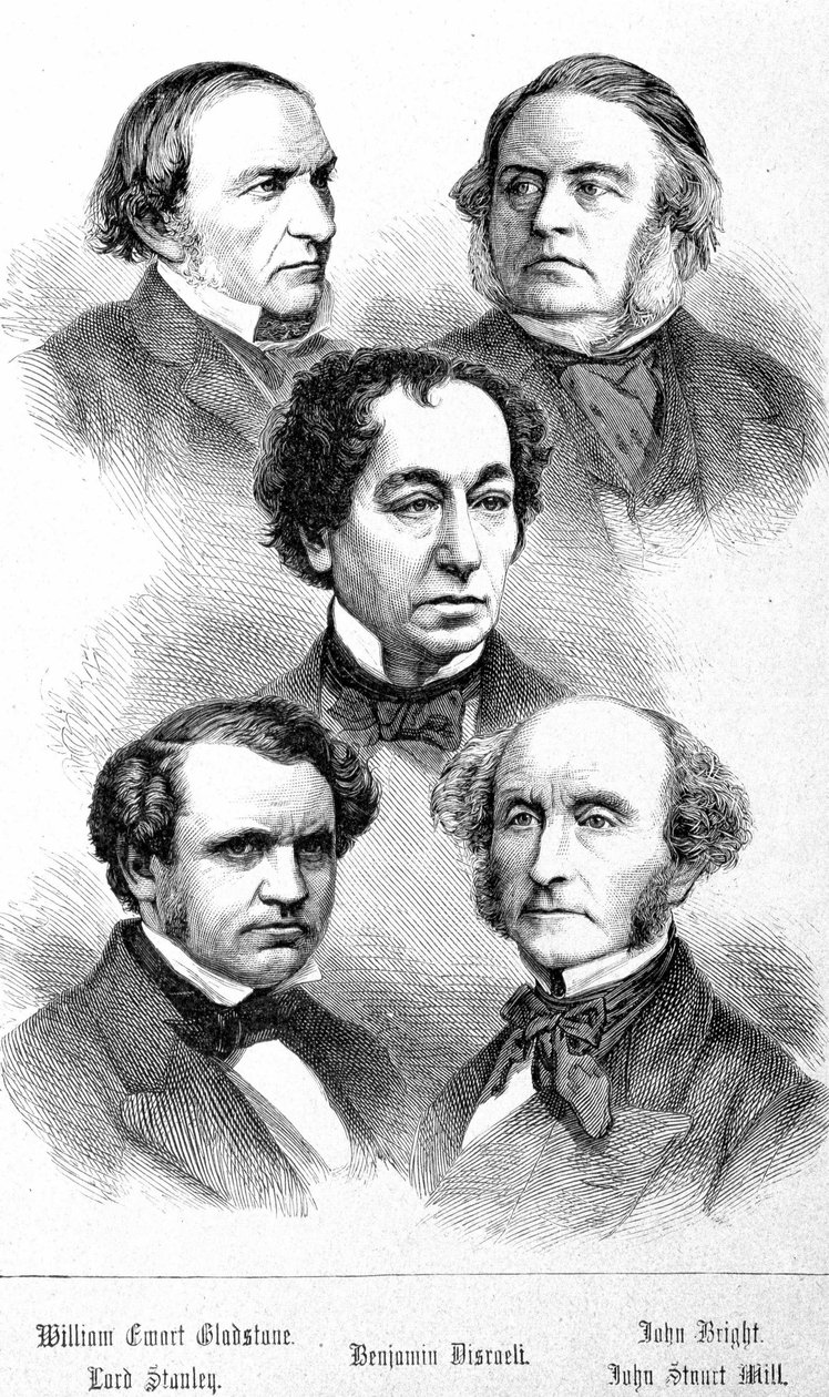 Muotokuva William Ewart Gladstonesta, John Brightista, Lord Stanleystä, John Stuart Millistä ja Benjamin Disraelista - elokuvassa The Contemporains, n.d. 1800-luvun lopulla. tekijältä Unknown artist