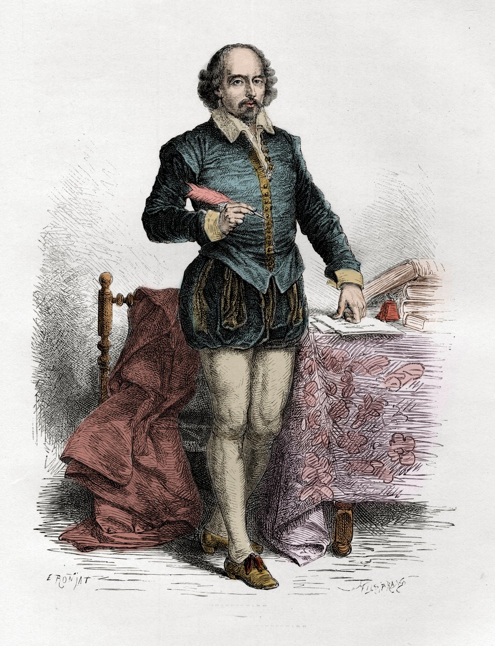 Muotokuva William Shakespearesta (1564-1616), englantilaisesta kirjailijasta - kaiverrus Francois Guizotin teokseen "Englannin historia, varhaisimmista ajoista" 1877 tekijältä Unknown artist