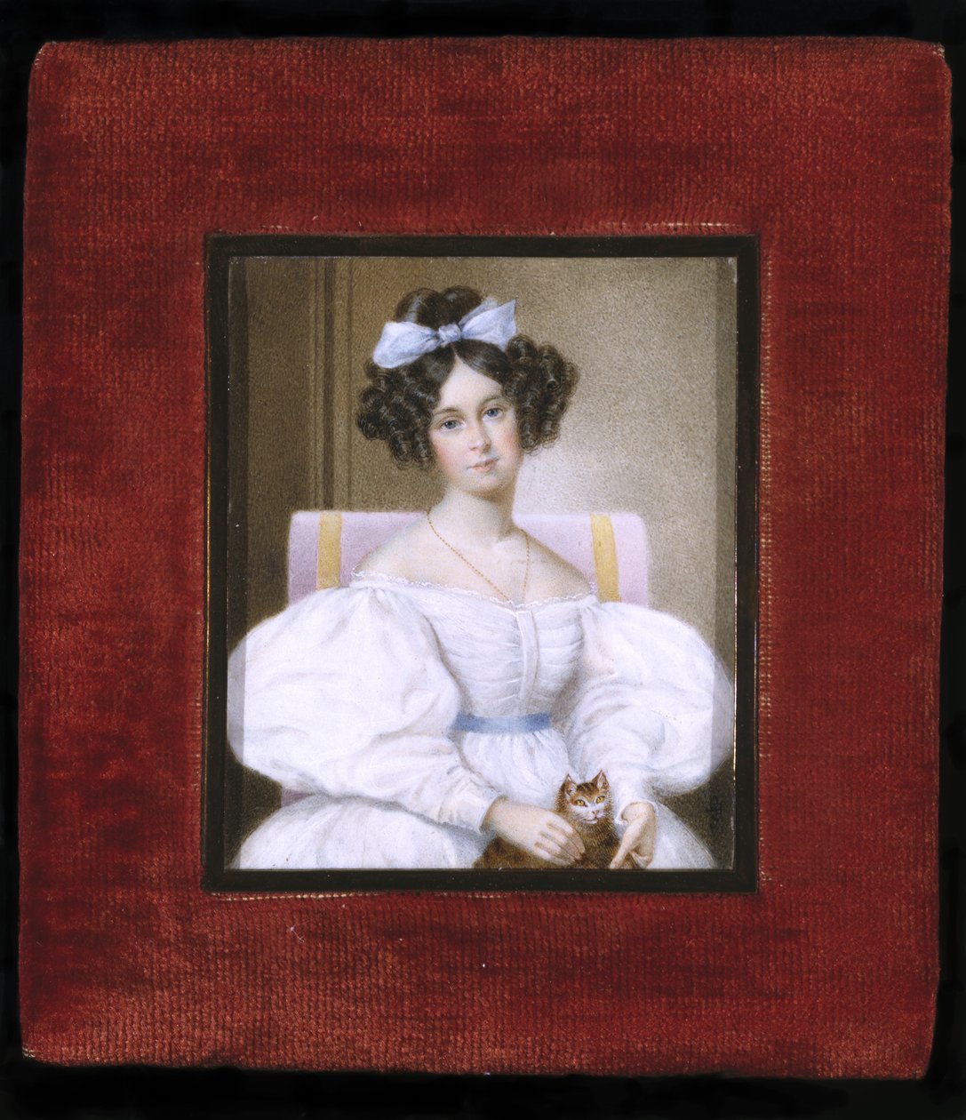 Naisen muotokuva, n. 1830 (akvarelli norsunluulle, sametille ja lasille) tekijältä Unknown artist
