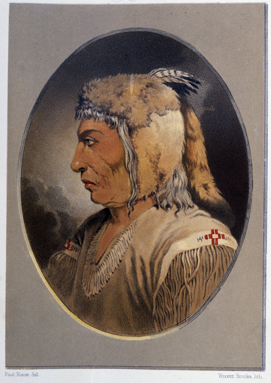 Intialaisen muotokuva: Man-Ce-Muckt - Paul Kane, Longmans & Roberts, Lontoo "" Taiteilijan vaeltaminen Pohjois-Amerikan intiaanien joukossa" tekijältä Unknown artist