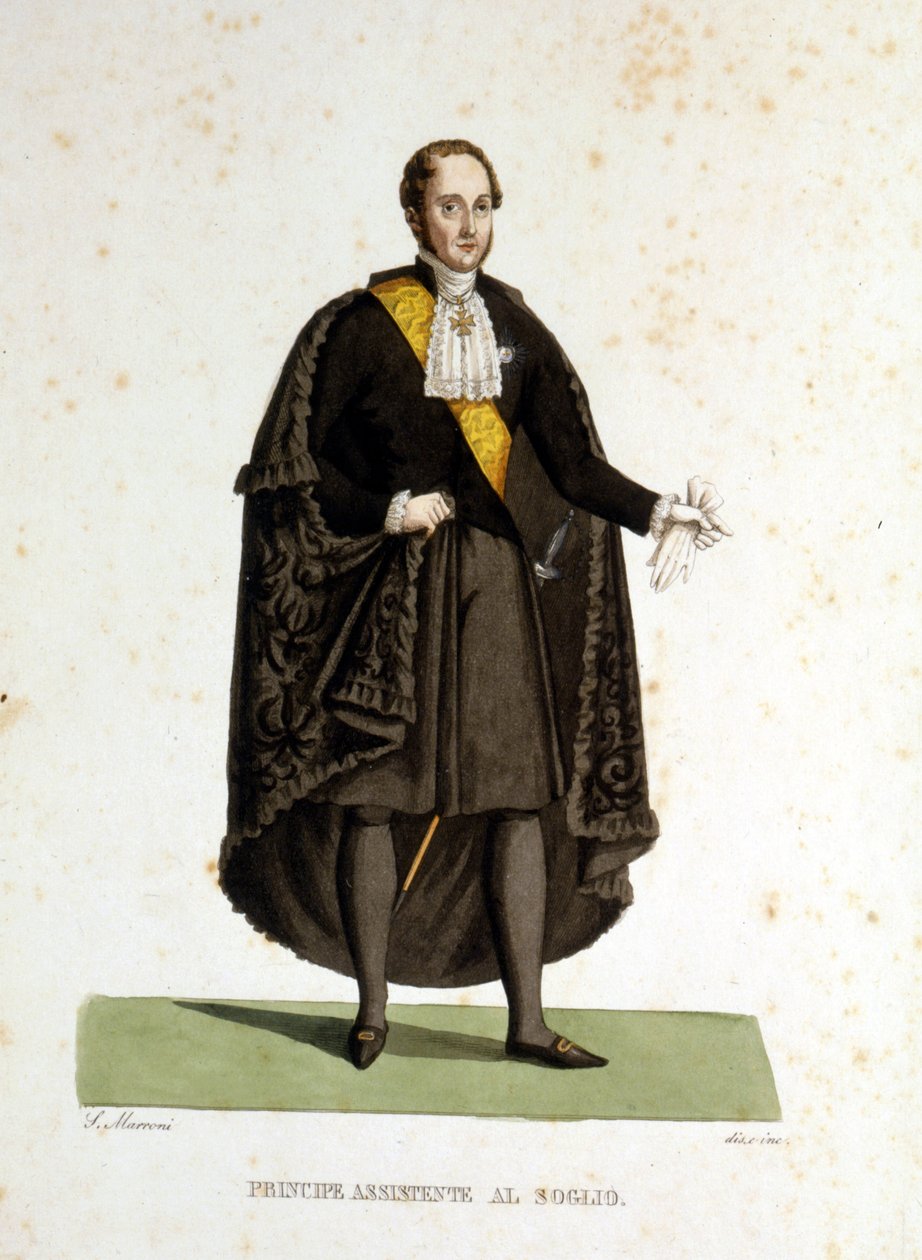 Muotokuva Pyhän istuimen apulaisprinssistä, joka palveli seremonioiden ja vierailujen aikana. Kaiverrus 1800-luvulta. tekijältä Unknown artist