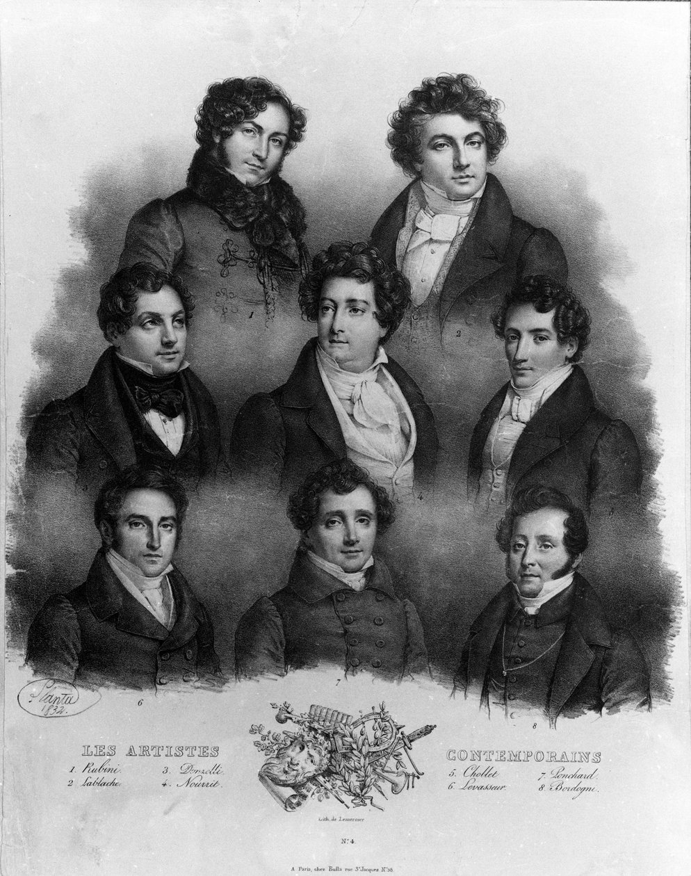 Muotokuva eri oopperalaulajista: 1 Giovanni Battista Rubini (1794-1854) 2 Luigi Lablache (1794-1858) 3 Domenico Donzelli (1790-1873) 4 Adolphe Nourrit (1802-1839) 5 Choblet; 6 Nicolas prosper Levasseur (The Vasseur) (1791-1871) 7 Louis Antoine Ponchard tekijältä Unknown artist