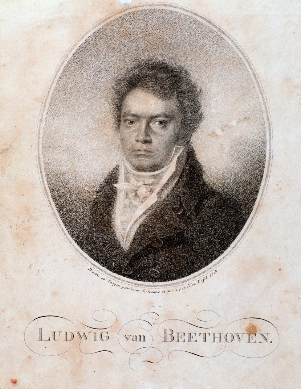 Muotokuva saksalaisesta säveltäjästä Ludwig van Beethovenista (1770-1827) Kaiverrus. 1800-luvulla. Bologna, kansalaismusiikin bibliografinen museo tekijältä Unknown artist