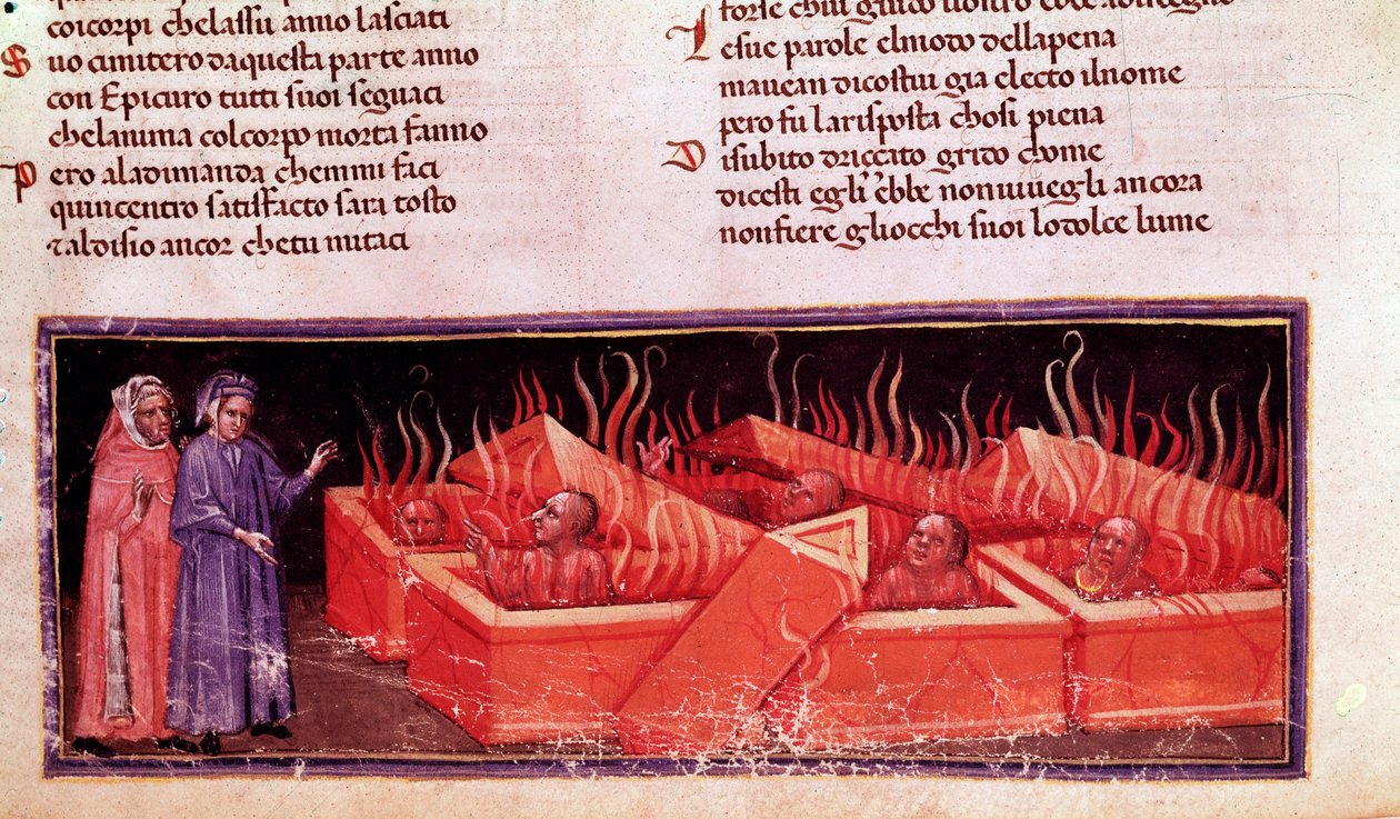 Italialaisen runoilijan Dante Alighierin muotokuva Vergilius-harhaoppisten joukossa (laulu X of Hell, jumalaisessa komediassa) - Miniatyyri tekijältä Unknown artist