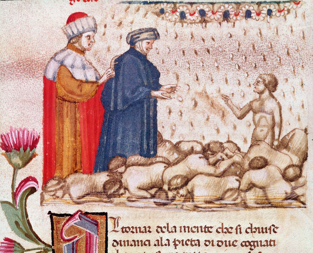 Muotokuva italialaisesta runoilijasta Dante Alighieristä ahmattisen ympyrässä (laulu 6 helvetistä jumalallisessa näytelmässä) - miniatyyri 1400-luku tekijältä Unknown artist